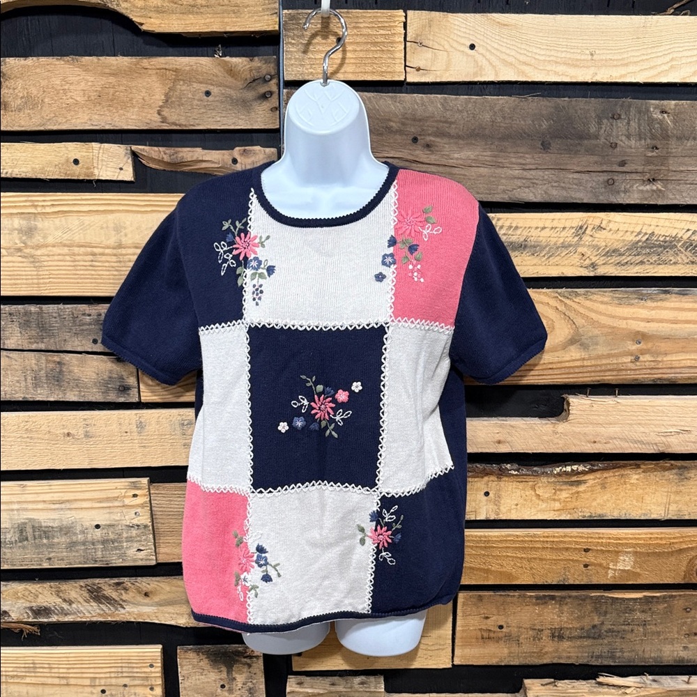Grannycore Vintage Patchwork Embroidered Short Sleeve Sweater By Alfred Dunner S